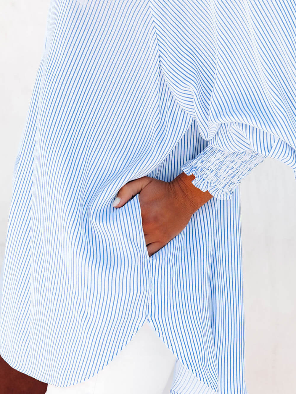 Sky Blue Smocked Cuffed Striped Boyfriend Shirt with Pocket-CALLISTARI
