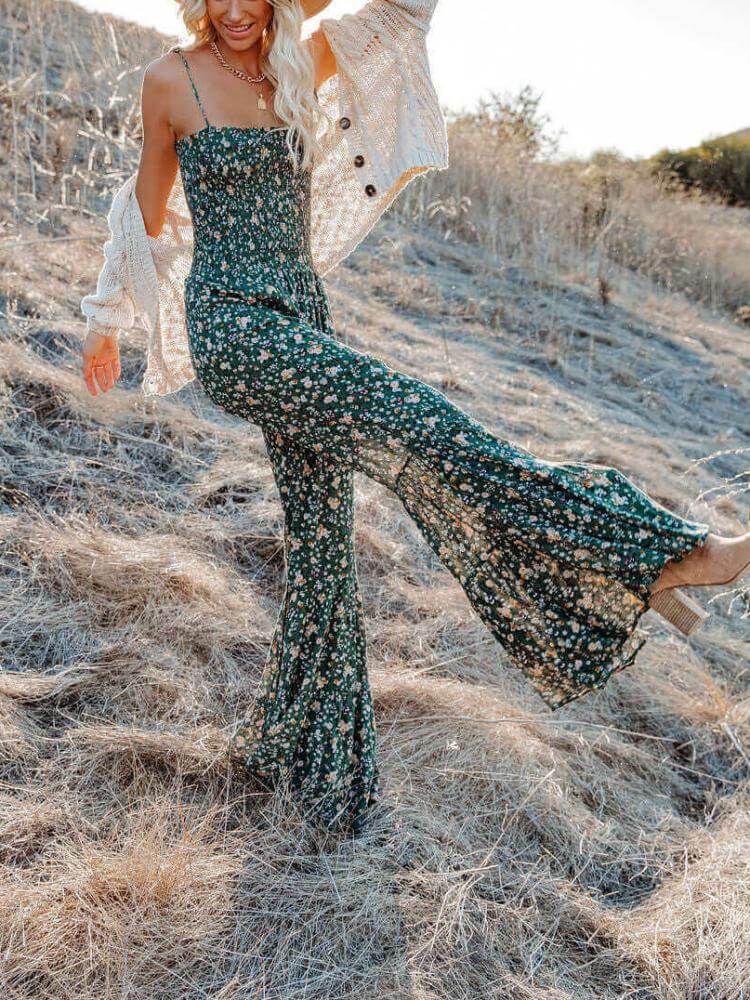 Floral Smocked Flared Leg Jumpsuit Of My Dreams-CALLISTARI