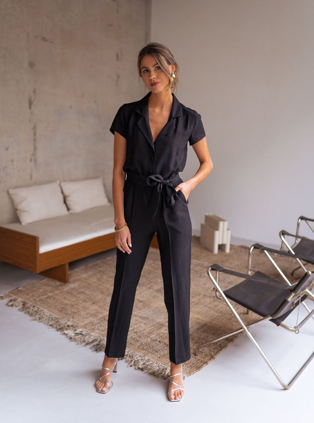 Callistari Black Belted Button Down Jumpsuit-CALLISTARI