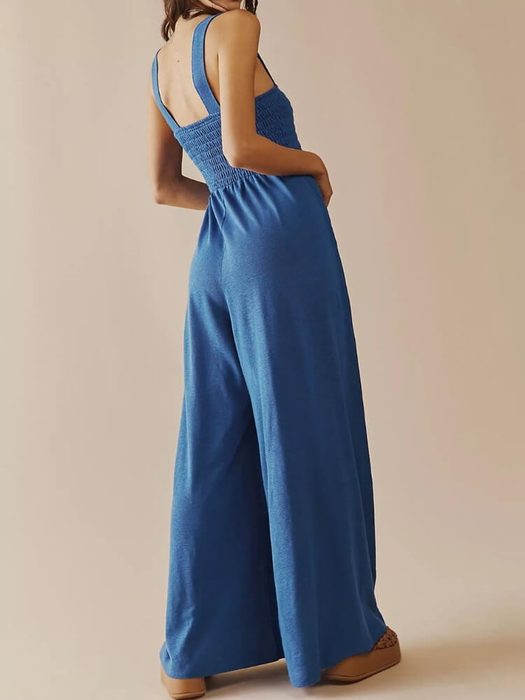 Smocked Pocketed Jumpsuit In Dusty Blue-CALLISTARI