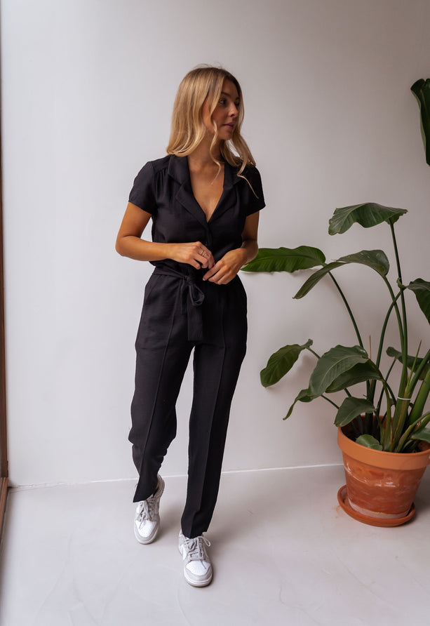 Callistari Black Belted Button Down Jumpsuit-CALLISTARI