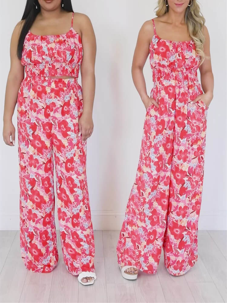 Boho Floral Two Piece Pant Set  In Red Pappy-Mesadic