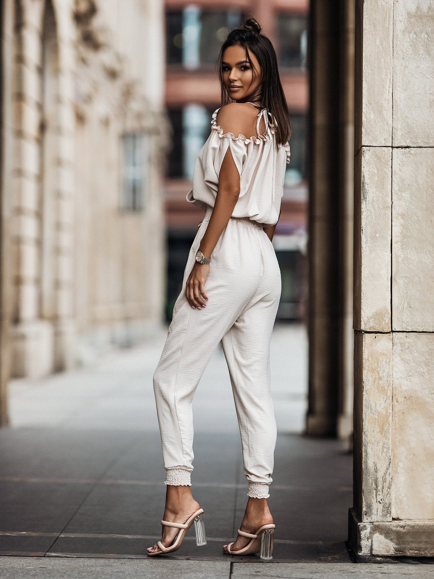 V Neck Cold Shoulder Pencil Pants Jumpsuit-CALLISTARI