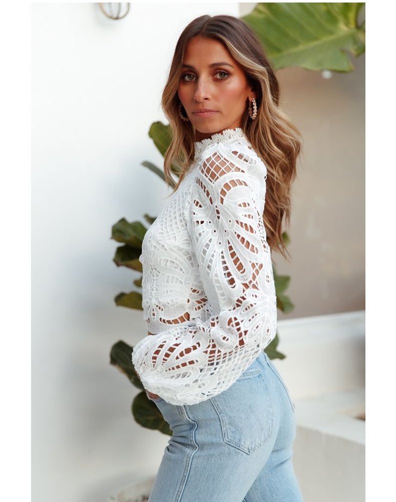 French Style Elegant Flare Sleeve Handmade Lace Eyelet Top-CALLISTARI