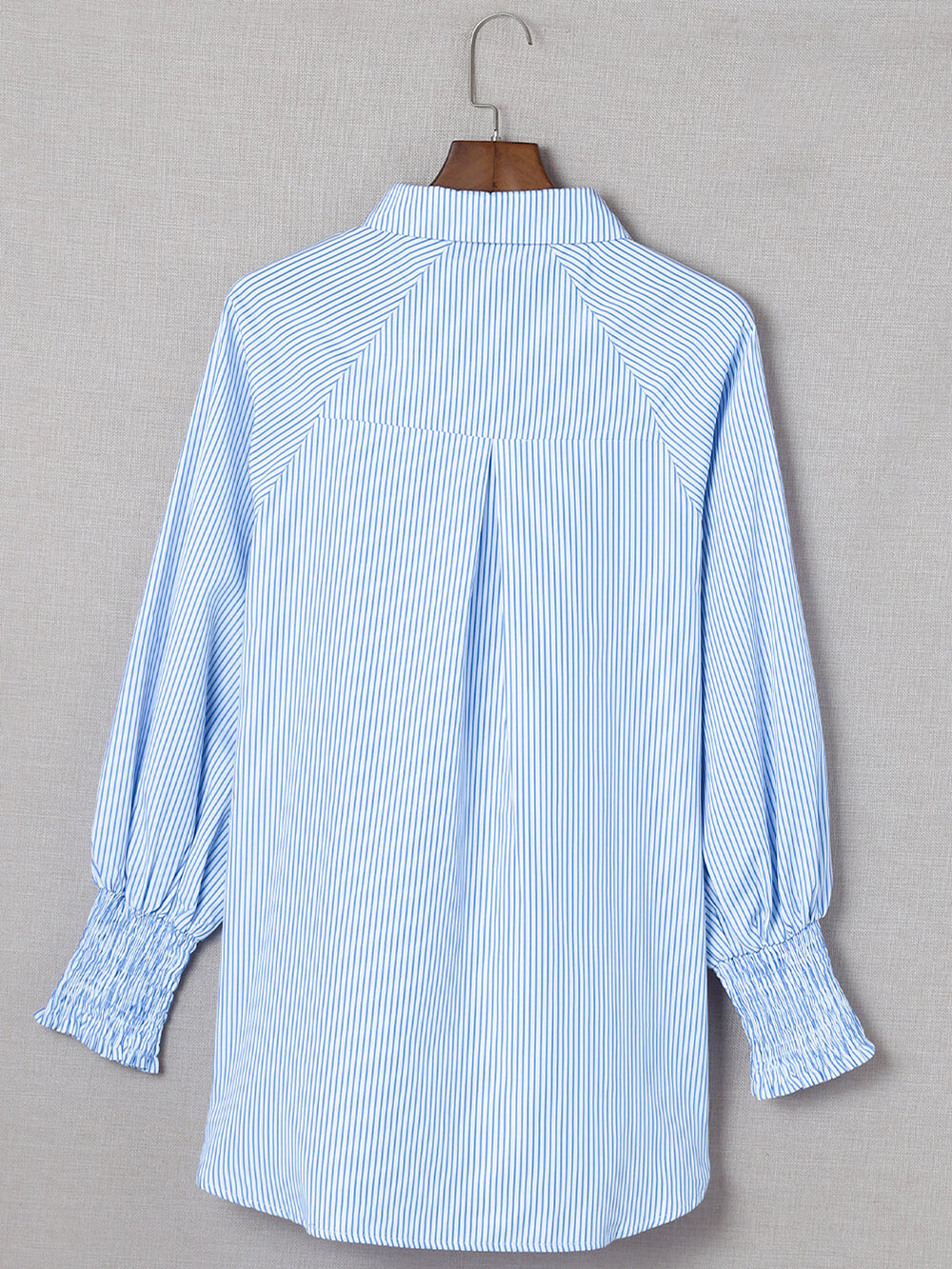 Sky Blue Smocked Cuffed Striped Boyfriend Shirt with Pocket-CALLISTARI
