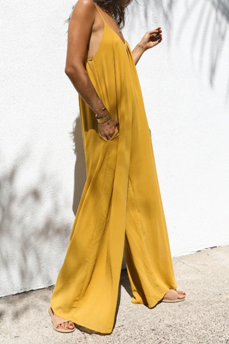 Solid Patchwork Spaghetti Strap Oversized Maxi Jumpsuit In Yellow-CALLISTARI