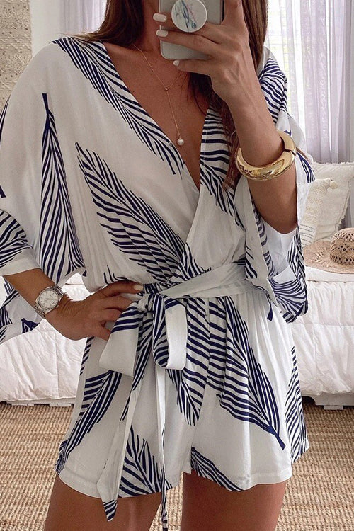 Kimono V Neck Leaf Print Wrapped Batwing Romper In White-CALLISTARI