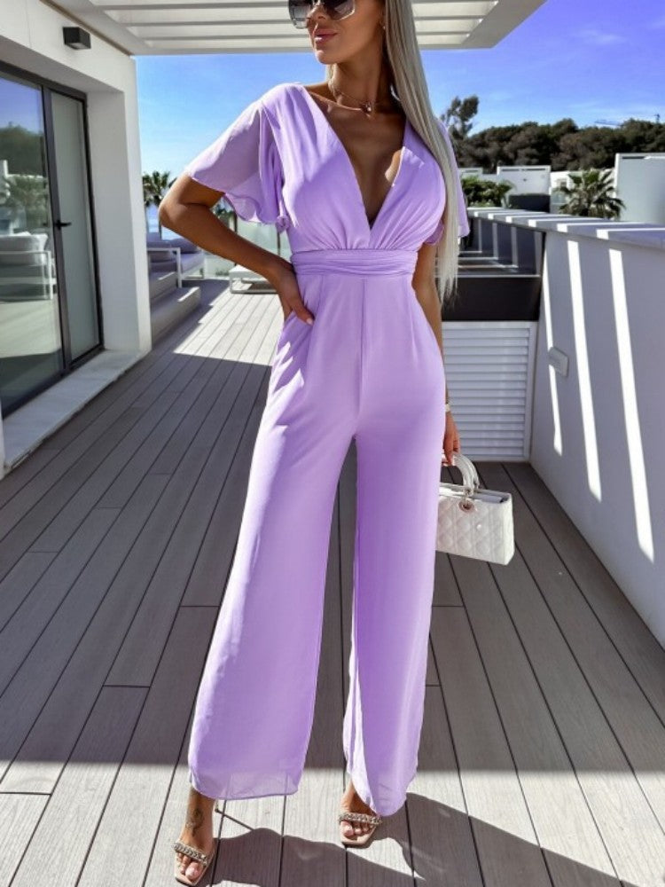 V Neck Mousseline Flutter Sleeve Jumpsuit In Lilas-CALLISTARI