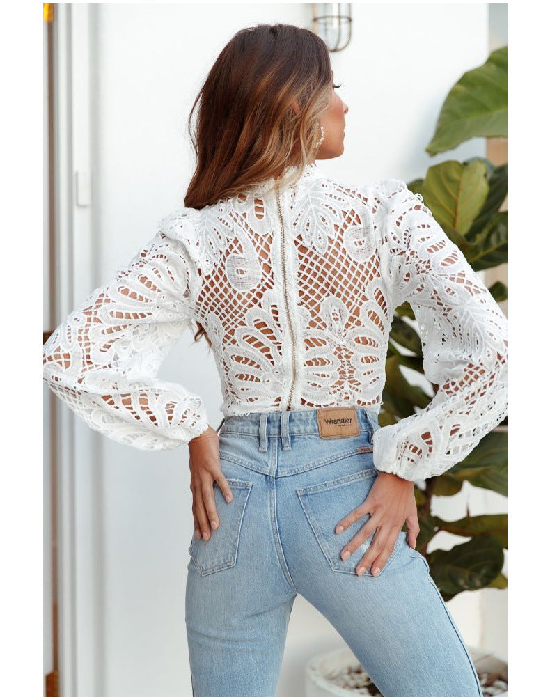 French Style Elegant Flare Sleeve Handmade Lace Eyelet Top-CALLISTARI