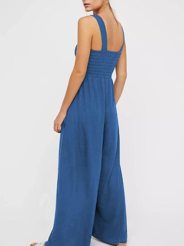 Smocked Pocketed Jumpsuit In Dusty Blue-CALLISTARI