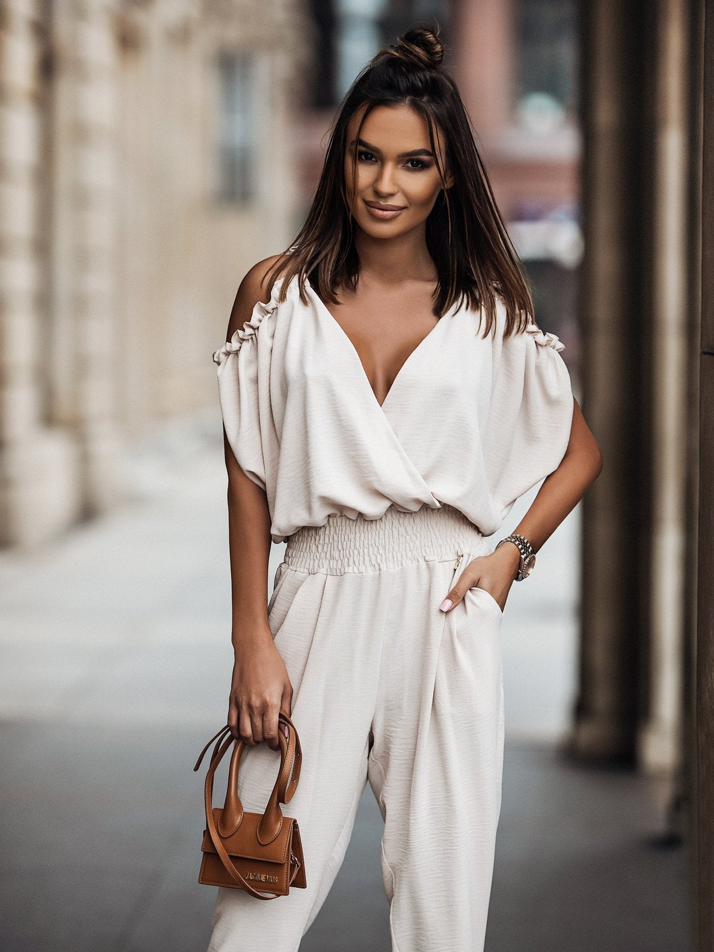 V Neck Cold Shoulder Pencil Pants Jumpsuit-CALLISTARI