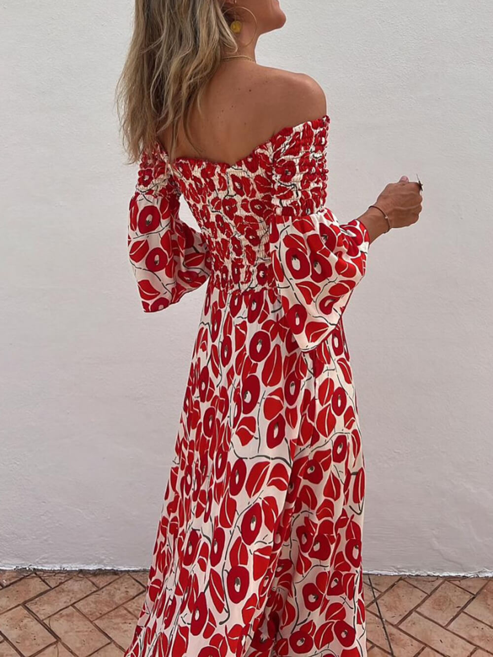 Floral Print Smocked Off Shoulder Pocketed Maxi Dress-CALLISTARI