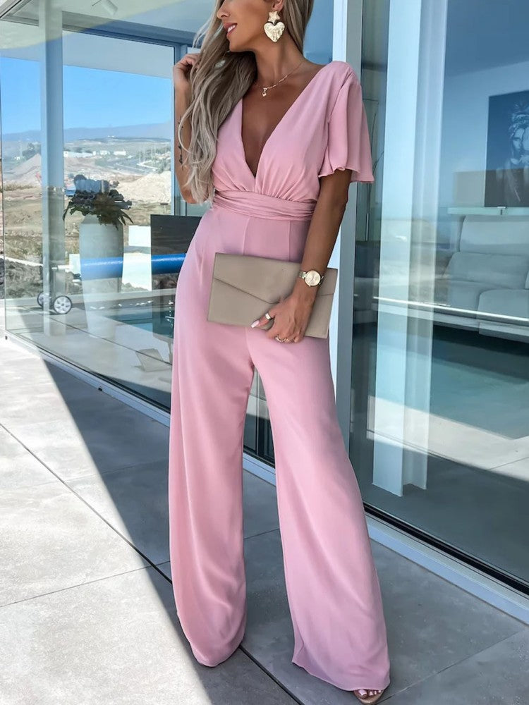 V Neck Mousseline Flutter Sleeve Jumpsuit In Dark Pimk-CALLISTARI