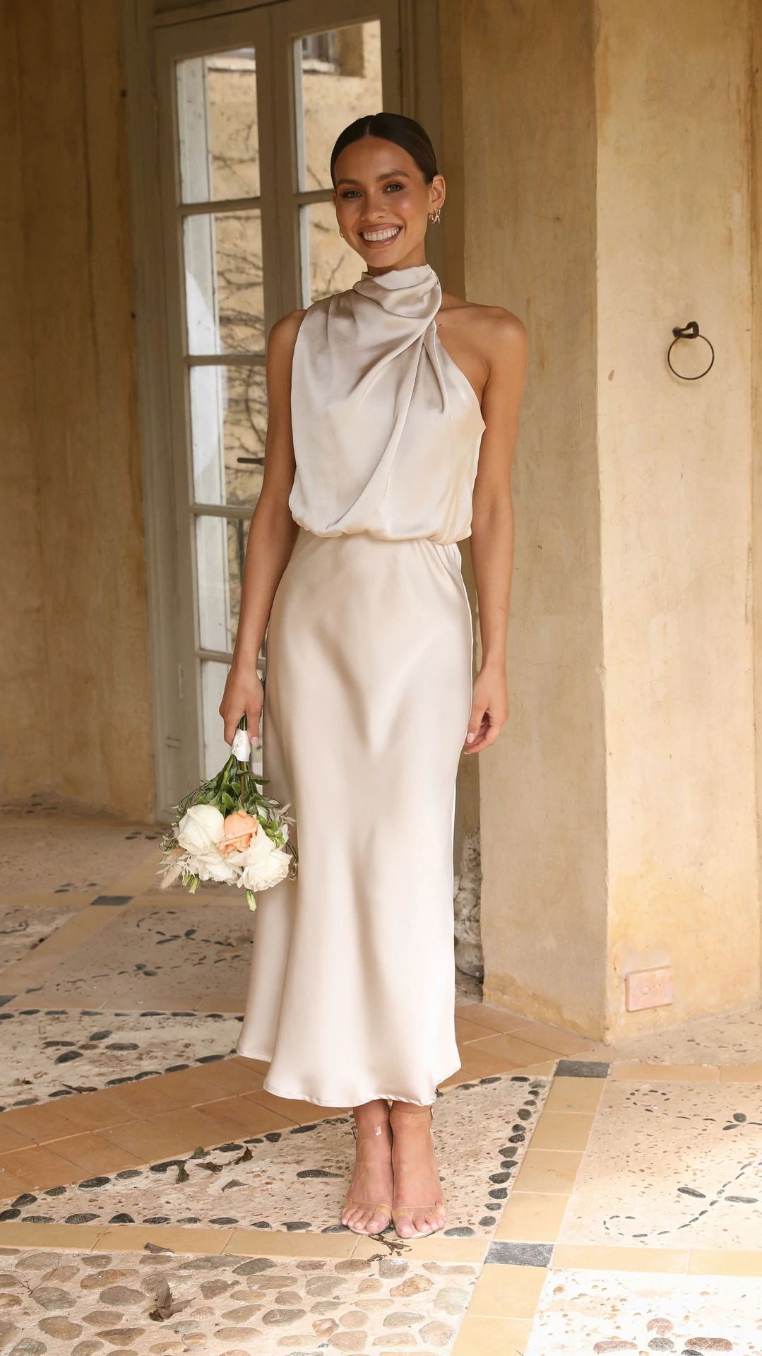 Curve Satin Ruched Halter Neck Maxi Dress In Orchid-CALLISTARI