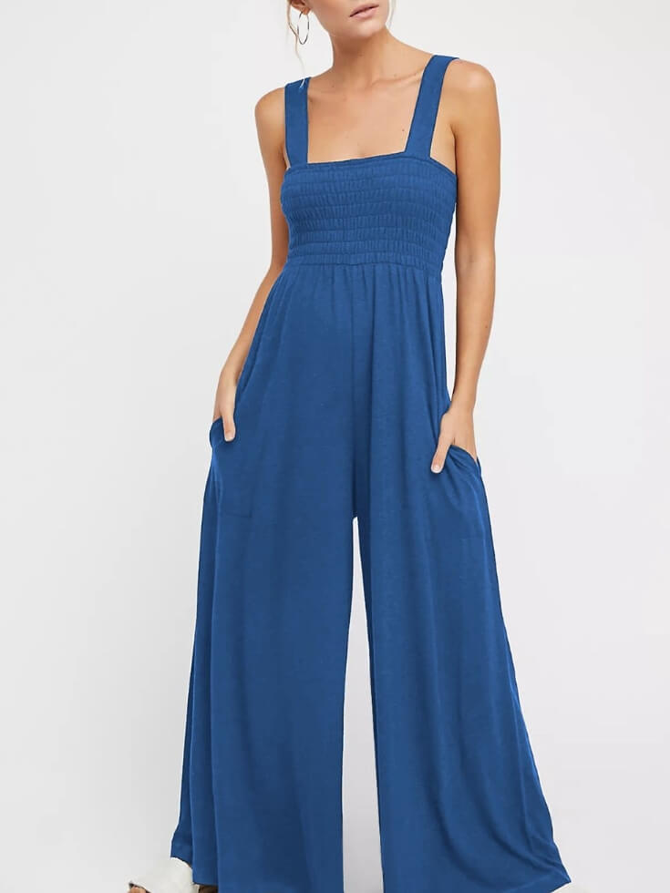 Smocked Pocketed Jumpsuit In Dusty Blue-CALLISTARI