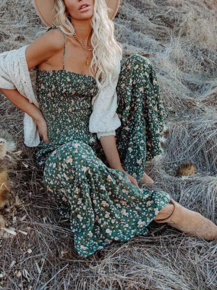 Floral Smocked Flared Leg Jumpsuit Of My Dreams-CALLISTARI