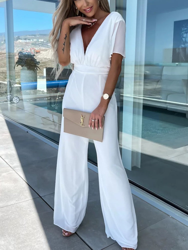 V Neck Mousseline Flutter Sleeve Jumpsuit In White-CALLISTARI