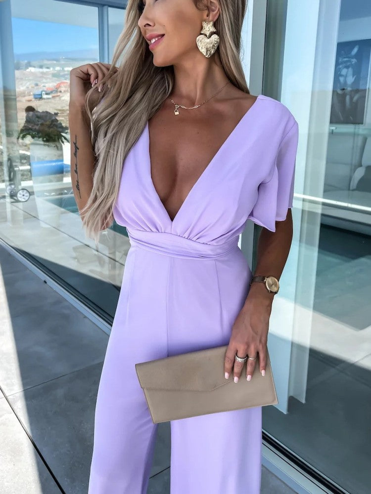 V Neck Mousseline Flutter Sleeve Jumpsuit In Lilas-CALLISTARI
