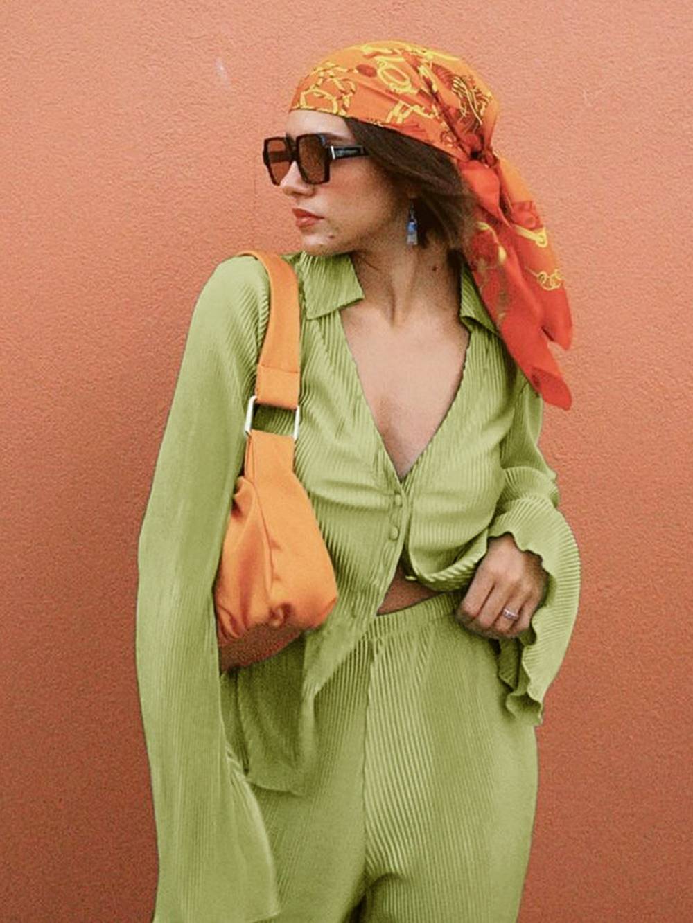 Loose Flared V-Neck Shirt Set-CALLISTARI