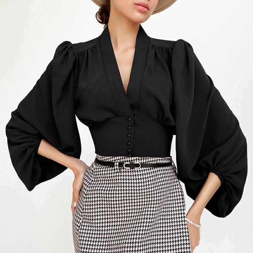 V Neck Puff Long Sleeve Corset Top-CALLISTARI