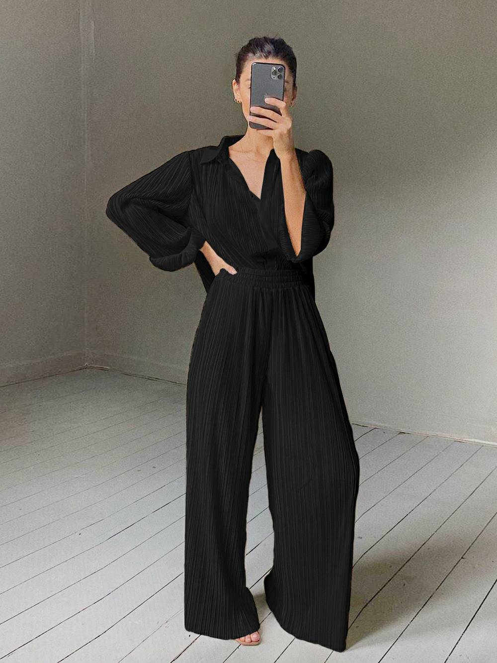 Loose Flared V-Neck Shirt Set-CALLISTARI