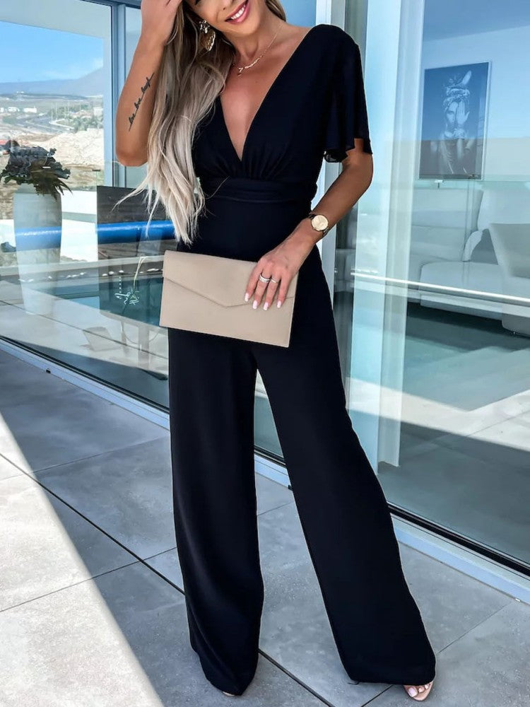 V Neck Mousseline Flutter Sleeve Jumpsuit In Black-CALLISTARI