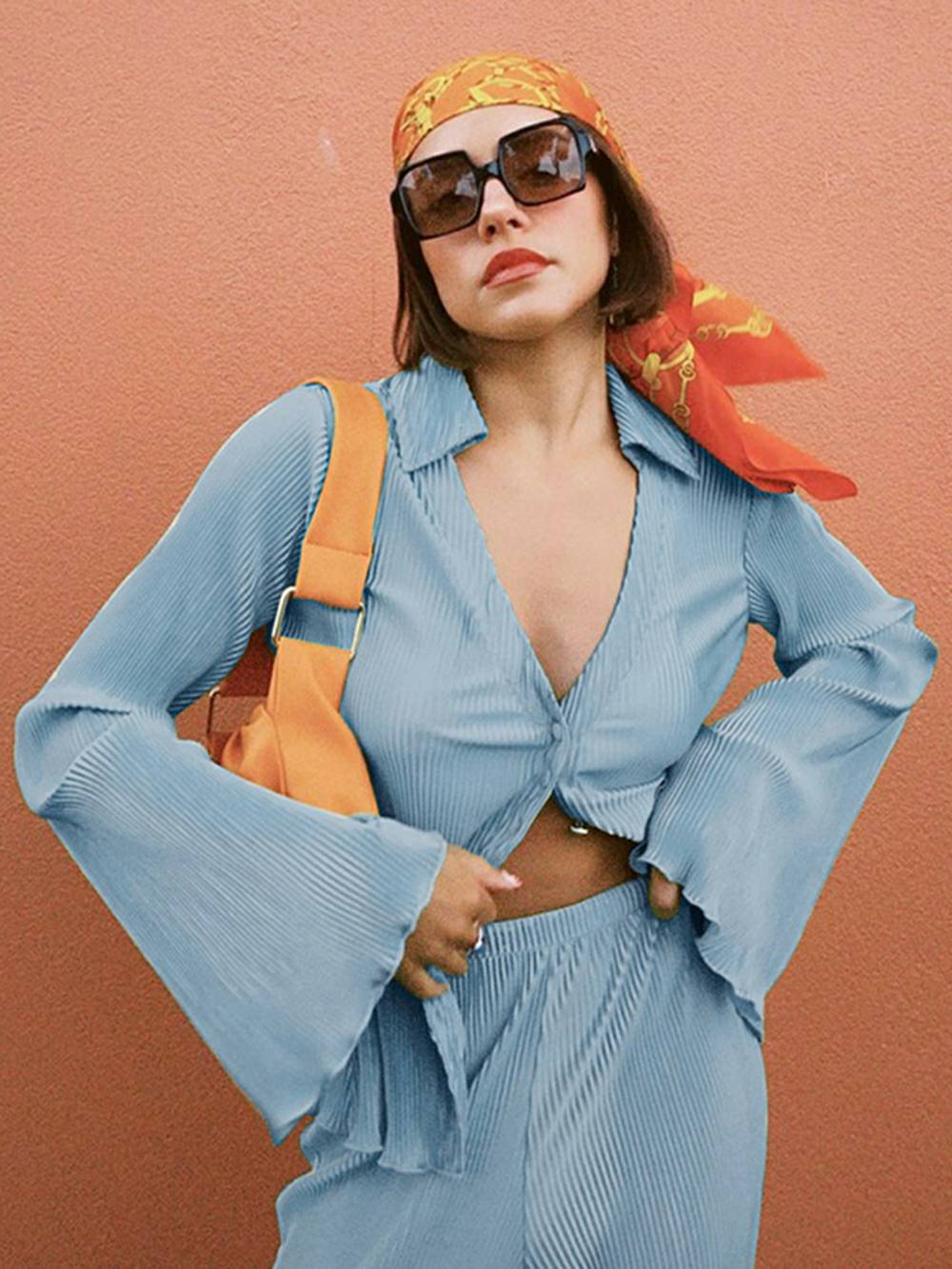 Loose Flared V-Neck Shirt Set-CALLISTARI