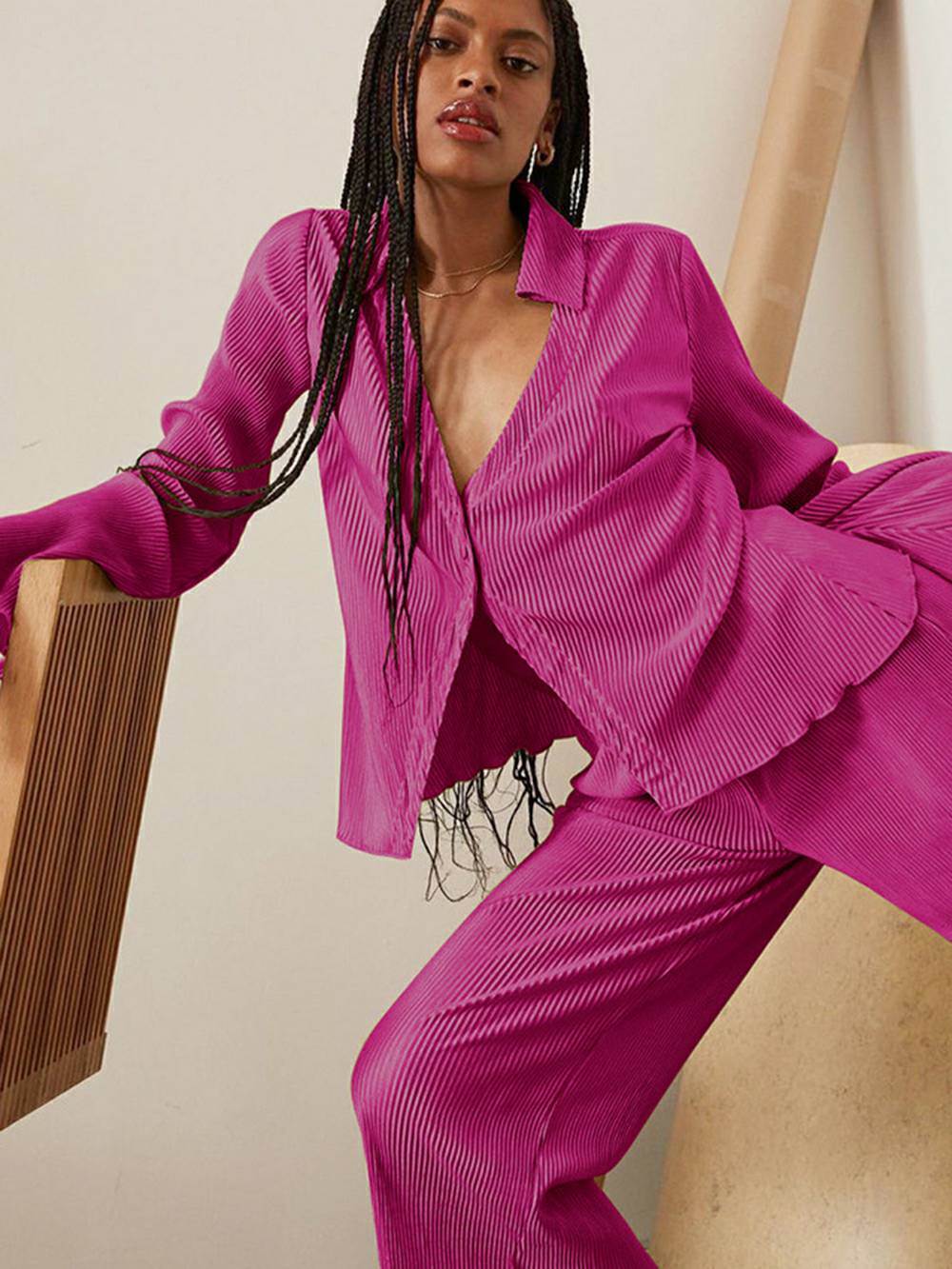 Loose Flared V-Neck Shirt Set-CALLISTARI
