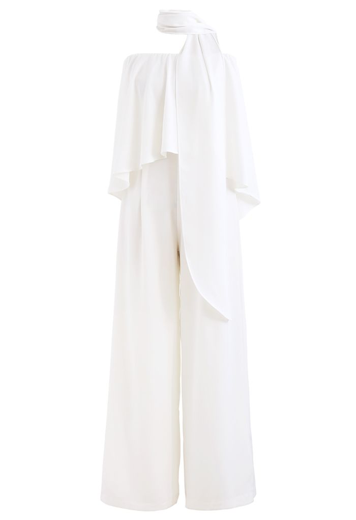 Off-Shoulder Flap Scarf Chiffon White Jumpsuit-CALLISTARI