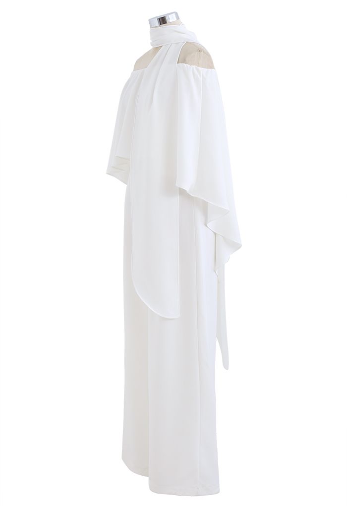 Off-Shoulder Flap Scarf Chiffon White Jumpsuit-CALLISTARI