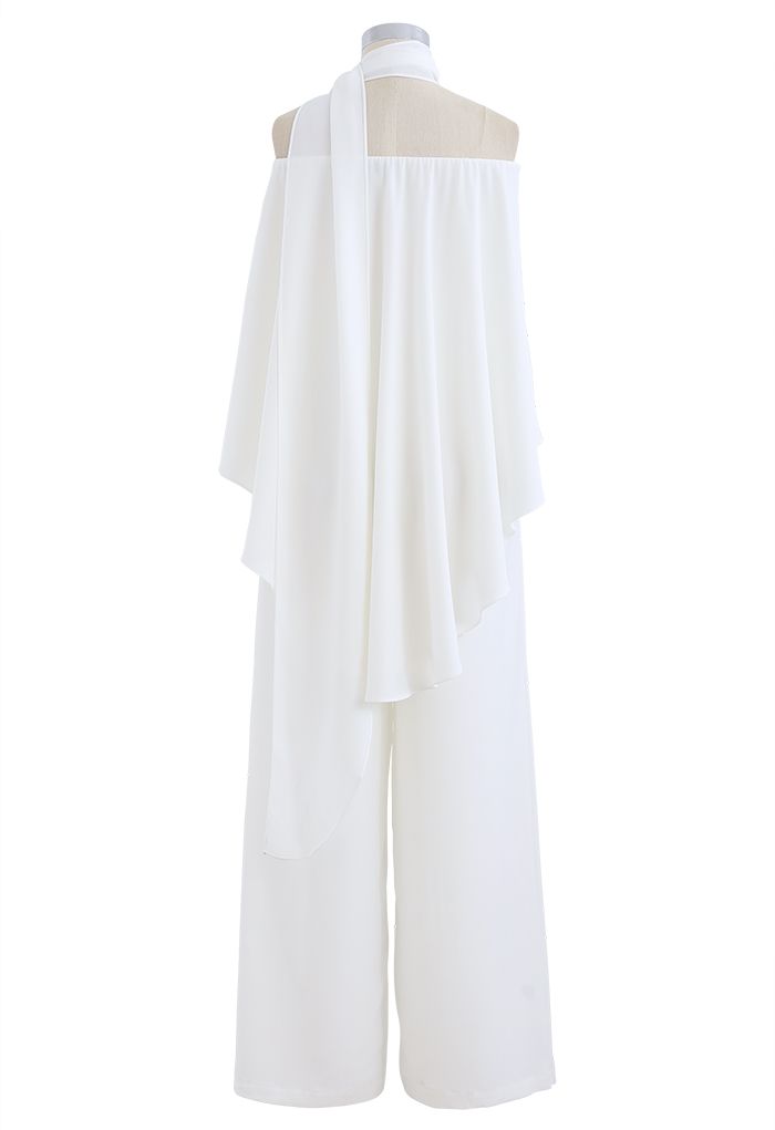 Off-Shoulder Flap Scarf Chiffon White Jumpsuit-CALLISTARI
