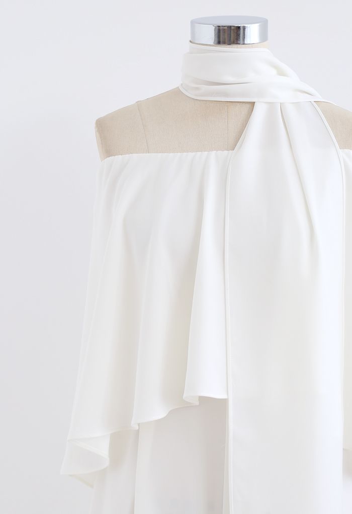 Off-Shoulder Flap Scarf Chiffon White Jumpsuit-CALLISTARI