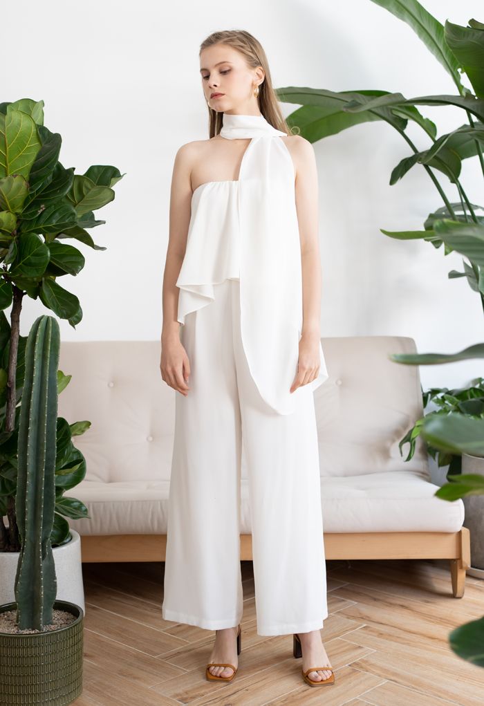Off-Shoulder Flap Scarf Chiffon White Jumpsuit-CALLISTARI
