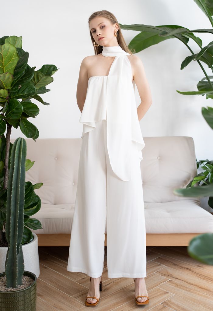 Off-Shoulder Flap Scarf Chiffon White Jumpsuit-CALLISTARI