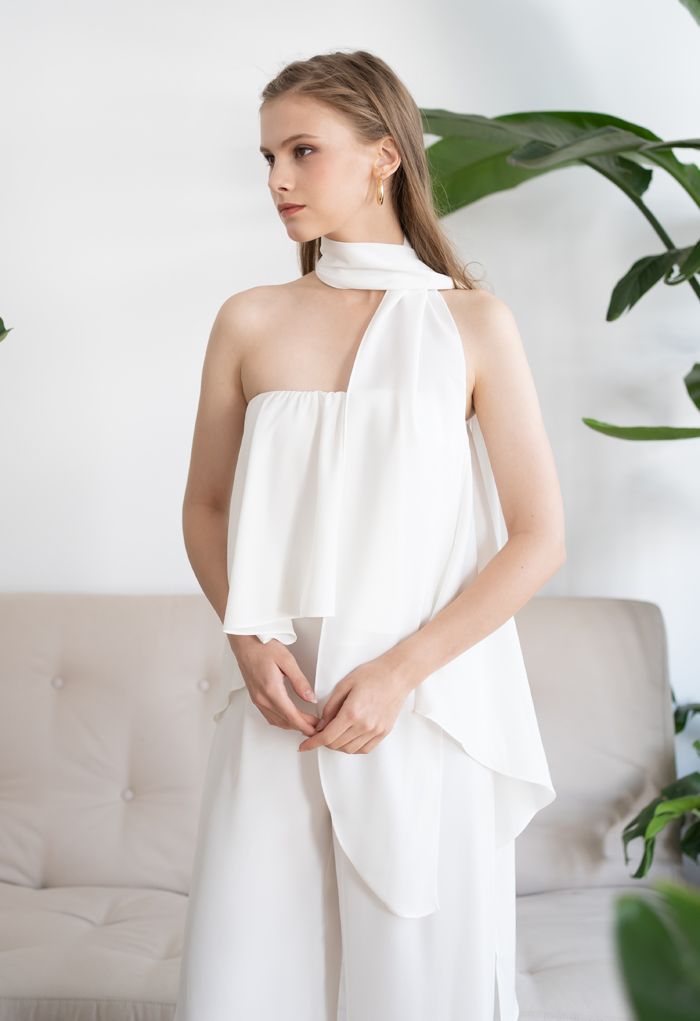 Off-Shoulder Flap Scarf Chiffon White Jumpsuit-CALLISTARI