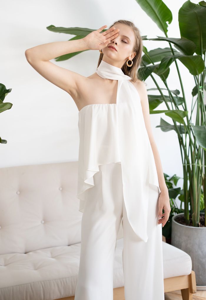 Off-Shoulder Flap Scarf Chiffon White Jumpsuit-CALLISTARI