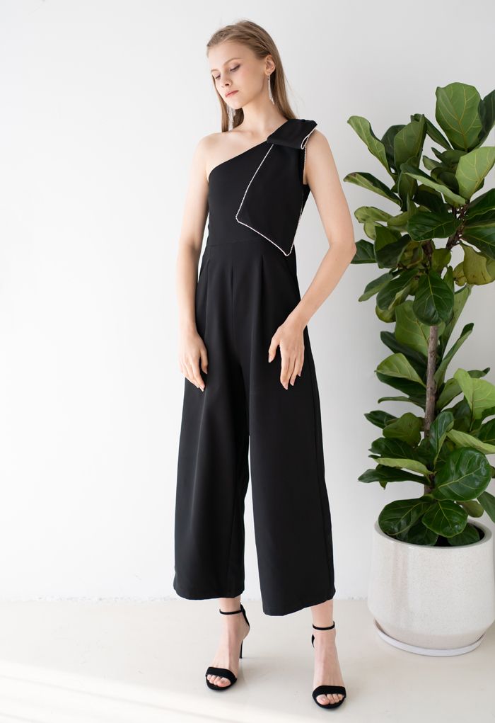 Bow Strap Oblique One-Shoulder Jumpsuit-CALLISTARI