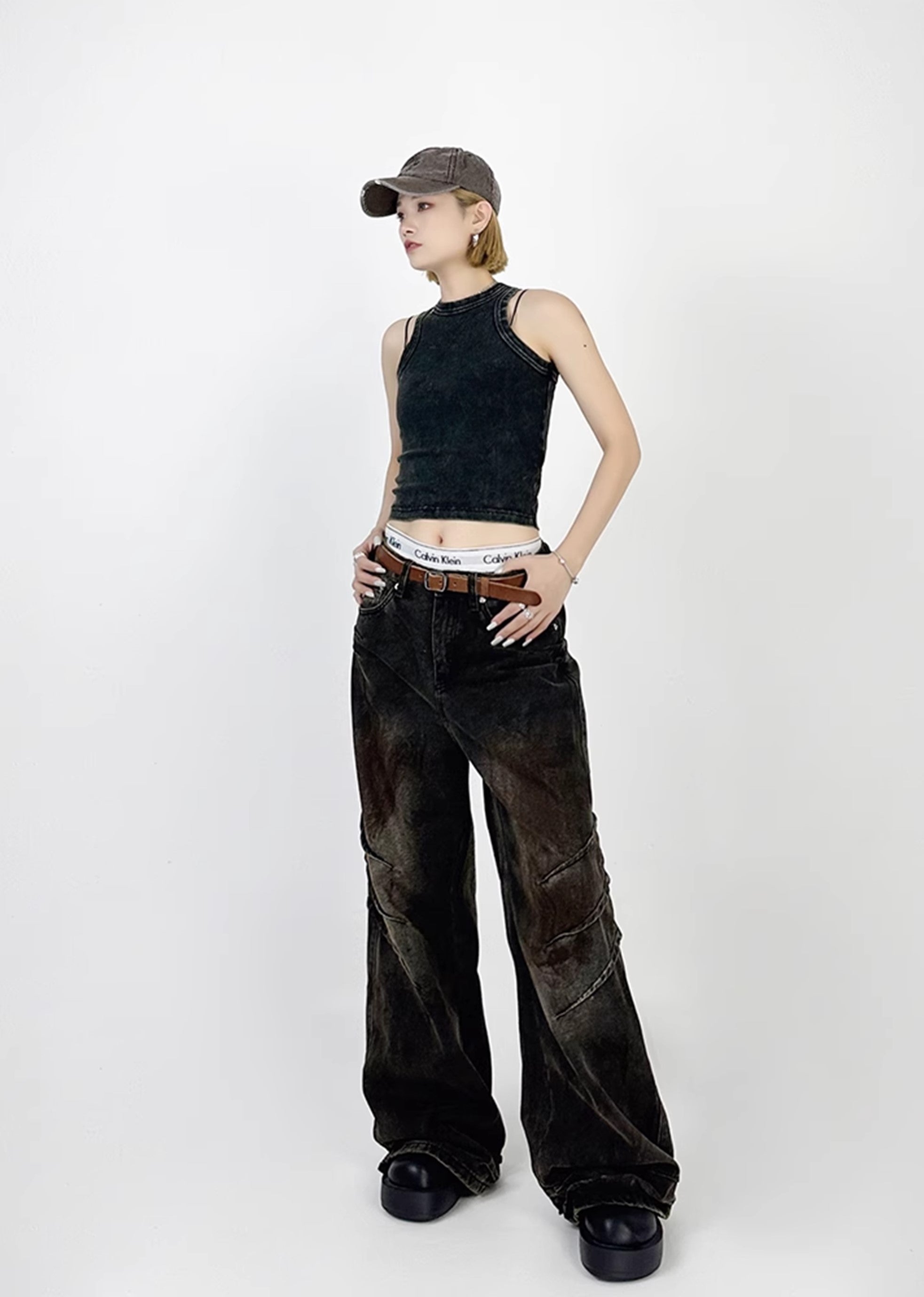 [4/29 New] Double claw mark design grunge rust color wide denim pants HL3039-CALLISTARI
