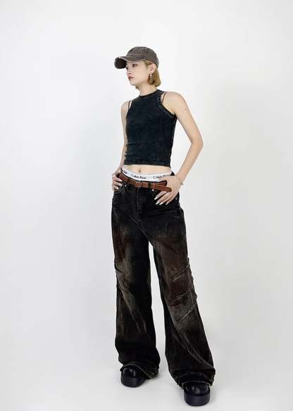 [4/29 New] Double claw mark design grunge rust color wide denim pants HL3039-CALLISTARI