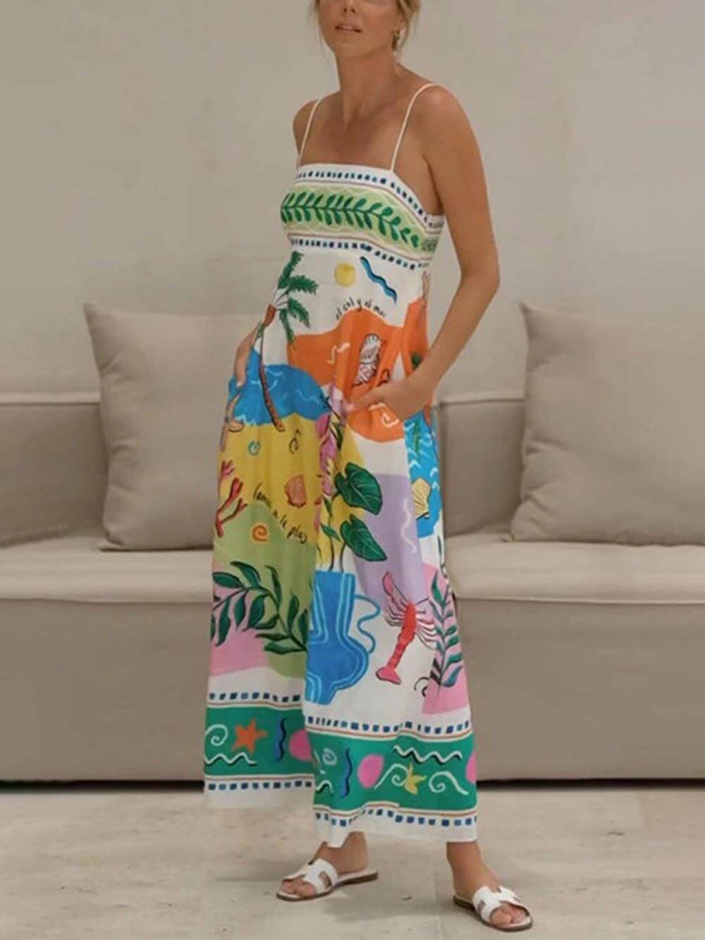 Unique Printed Strapless Sleeveless Resort Style Midi Dress-CALLISTARI