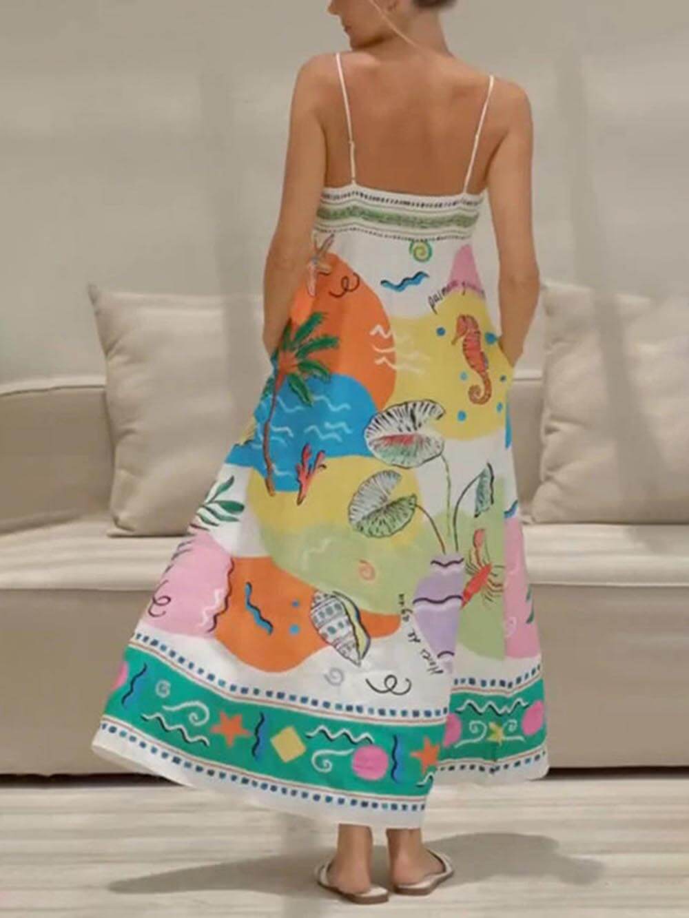 Unique Printed Strapless Sleeveless Resort Style Midi Dress-CALLISTARI