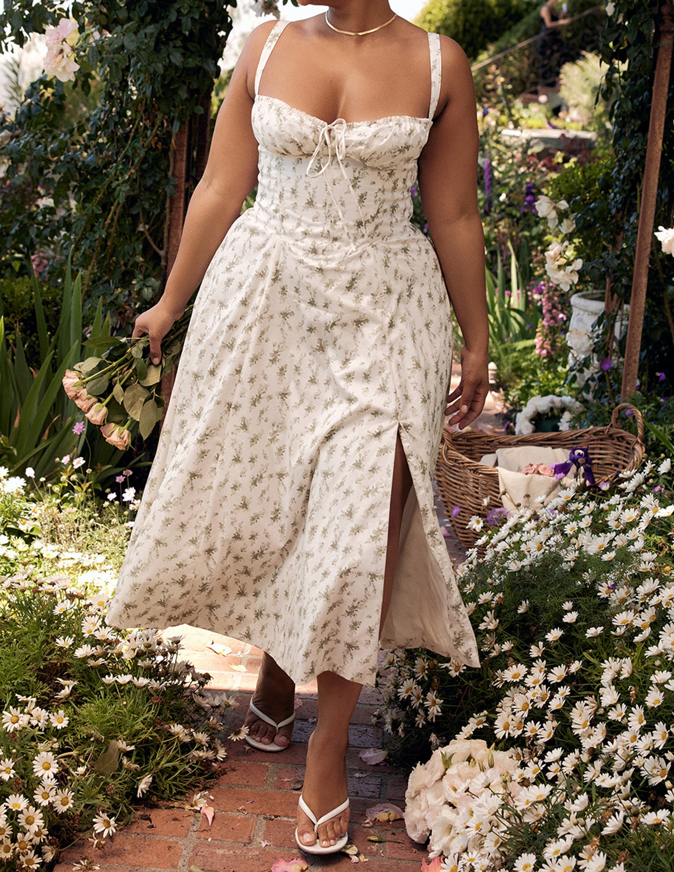 Rose Print Herringbone Slip Dress-CALLISTARI