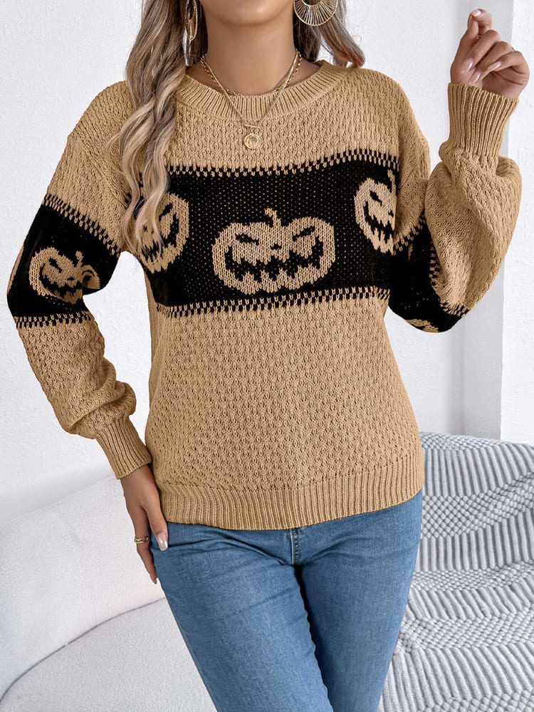 Halloween Pumpkin Head Color-Block Crew Neck Knit Sweater-CALLISTARI