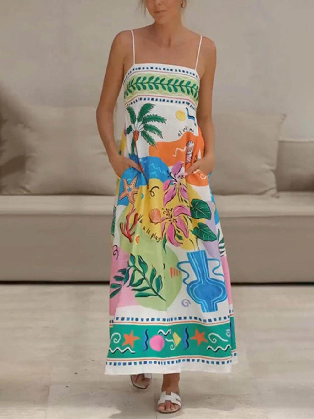 Unique Printed Strapless Sleeveless Resort Style Midi Dress-CALLISTARI