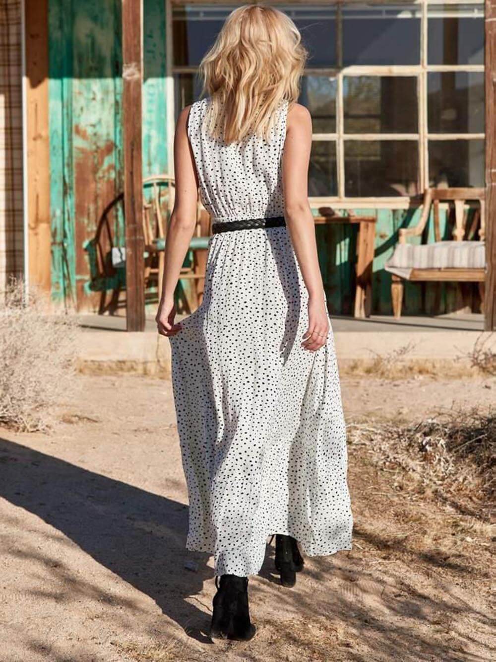 Bohemian V-Neck Sleeveless Polka-Dot Maxi Dress-CALLISTARI