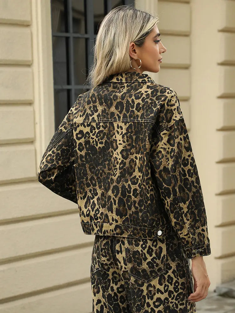 Fashion Leopard Print Denim Jacket Set-Mesadic