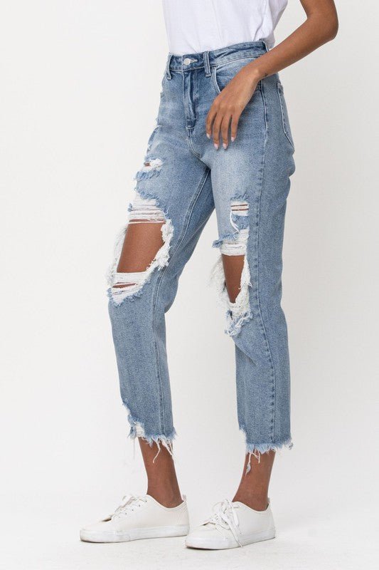High Rise Distress Light Blue Crop Straight Jeans-Mesadic