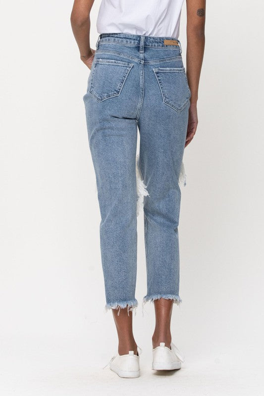 High Rise Distress Light Blue Crop Straight Jeans-Mesadic