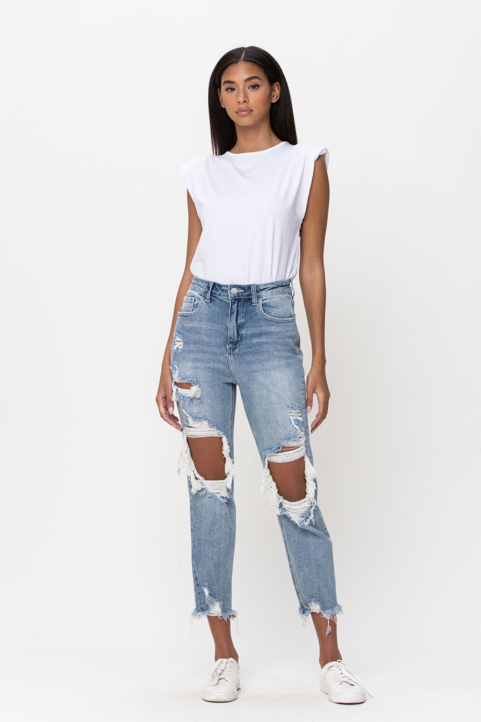 High Rise Distress Light Blue Crop Straight Jeans-Mesadic