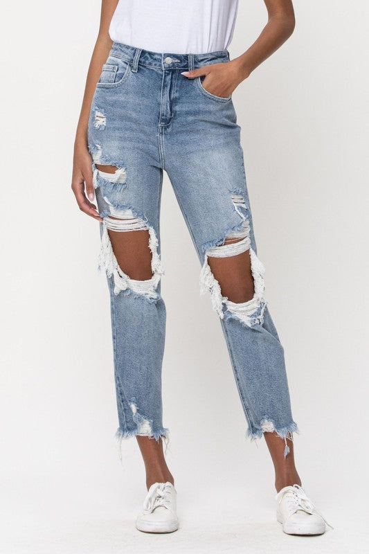 High Rise Distress Light Blue Crop Straight Jeans-Mesadic